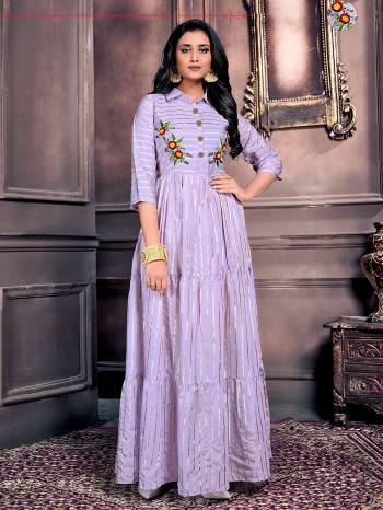 Flaunt Your Rich And Elegant Taste Wearing This Designer Readymade Long Gown In Lavender Color. This  Pretty Gown Is Fabricated On Wevon Jari Chanderi Beautified With Hand Thread Work. Its Fabric Is Soft Towards Skin And Easy To Carry All Day Long. 