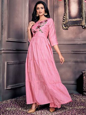 Flaunt Your Rich And Elegant Taste Wearing This Designer Readymade Long Gown In Pink Color. This  Pretty Gown Is Fabricated On Wevon Jari Chanderi Beautified With Hand Thread Work. Its Fabric Is Soft Towards Skin And Easy To Carry All Day Long. 