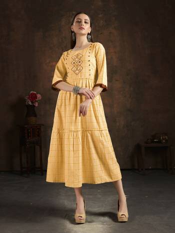 Grab This Readymade Long Kurti In Fine Color Fabricated On Cotton Wevon Chex Beautified With Hand Embroidery Work. It Is Light In Weight And Easy To Carry All Day Long. 