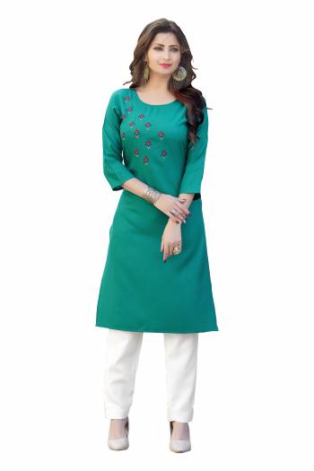 Attrective Look This Readymade Kurti In Fine Color Fabricated On Ruby Slub Beautified With Embroidery Work. It Is Light In Weight And Easy To Carry All Day Long. 