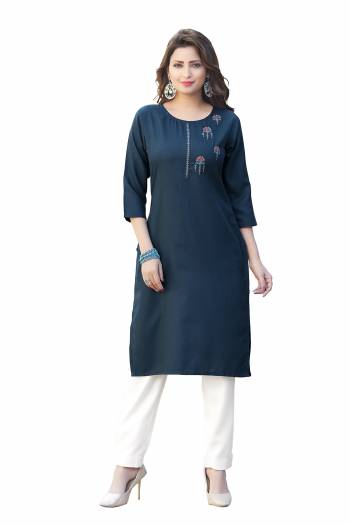 Attrective Look This Readymade Kurti In Fine Color Fabricated On Ruby Slub Beautified With Embroidery Work. It Is Light In Weight And Easy To Carry All Day Long. 