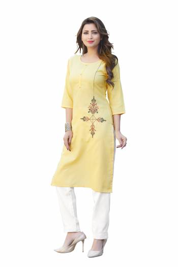 Attrective Look This Readymade Kurti In Fine Color Fabricated On Ruby Slub Beautified With Embroidery Work. It Is Light In Weight And Easy To Carry All Day Long. 