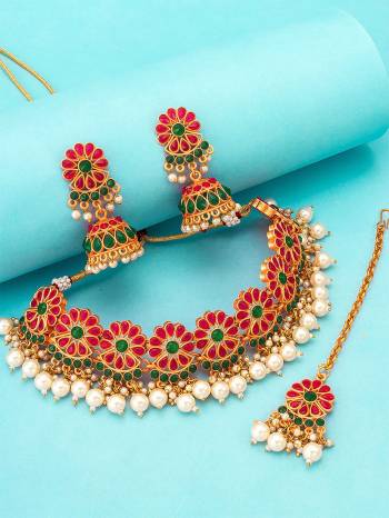 Give An Enhanced Look To Your Personality By Pairing Up This Beautiful Nacklace Set With Your Ethnic Attire. This Pretty Set Is In Multi Color Beautified With Kundan Work. Buy Now.