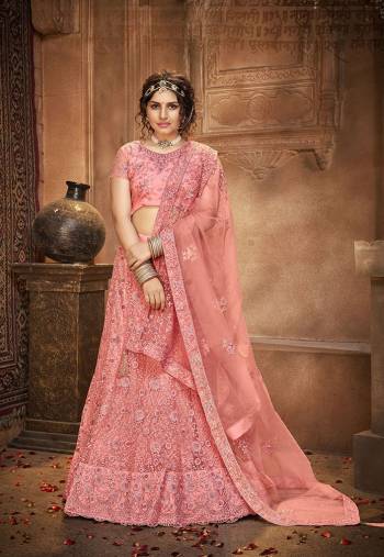 Garb This Heavy Designer Lehenga Choli In All Blush Color. This Heavy Embroidered Work Lehenga Choli Is Net Based Paired With Net Fabricated Dupatta, It Is Beautified With Lovely Detailed Heavy Embroidery And Diamond Work Giving An Attractive Look.