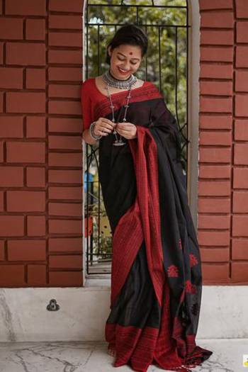 Adorn The Pretty Angelic Look Wearing This Heavy Designer Manipuri Pattern Digital Printed Saree In Black Color Paired With Red Color Blouse. This Saree Is Fabricated On Chanderi Cotton Paired With Banglori Satin Blouse. Its Pretty Color Pallete Will Give An Attractive Look To Your Personality. 