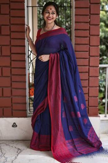 Adorn The Pretty Angelic Look Wearing This Heavy Designer Manipuri Pattern Digital Printed Saree In Nevy Blue Color Paired With Red Color Blouse. This Saree Is Fabricated On Chanderi Cotton Paired With Banglori Satin Blouse. Its Pretty Color Pallete Will Give An Attractive Look To Your Personality. 