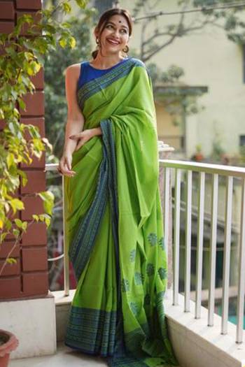 Adorn The Pretty Angelic Look Wearing This Heavy Designer Manipuri Pattern Digital Printed Saree In Green Color Paired With Blue Color Blouse. This Saree Is Fabricated On Chanderi Cotton Paired With Banglori Satin Blouse. Its Pretty Color Pallete Will Give An Attractive Look To Your Personality. 