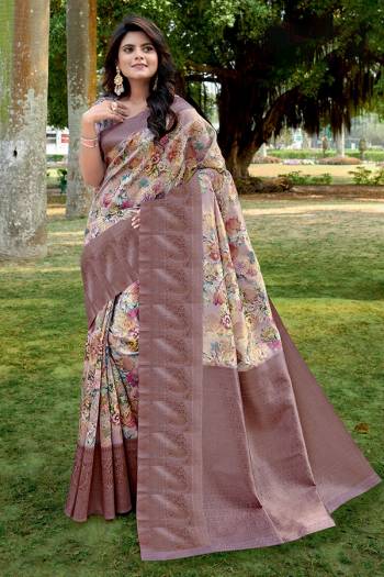 Adorn The Pretty Angelic Look Wearing This Heavy Designer Saree In Fancy Color Paired With Blouse. This Saree Is Fabricated On Linen Paired With Linen Fabricated Blouse. Its Pretty Color Pallete Will Give An Attractive Look To Your Personality. 