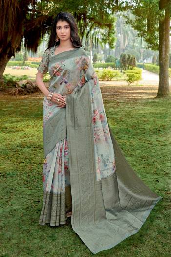 Adorn The Pretty Angelic Look Wearing This Heavy Designer Saree In Fancy Color Paired With Blouse. This Saree Is Fabricated On Linen Paired With Linen Fabricated Blouse. Its Pretty Color Pallete Will Give An Attractive Look To Your Personality. 