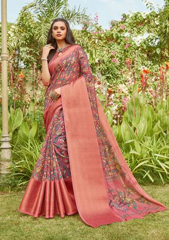 Celebrate This Festive Season In This Very Pretty Fancy Colored Designer Saree Paired With Blouse. This Saree and Blouse Are Linen Based Beautified With Detailed Wevon Pallu Border And Digital Printed Saree. 