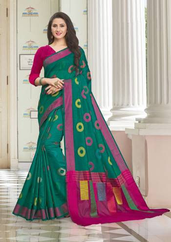 Celebrate This Festive Season In This Very Pretty Fancy Colored Designer Saree Paired With Blouse. This Saree and Blouse Are Handloom Cotton Based Beautified With Detailed Wevon Designer Work Saree. 