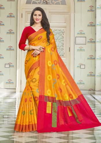 Celebrate This Festive Season In This Very Pretty Fancy Colored Designer Saree Paired With Blouse. This Saree and Blouse Are Handloom Cotton Based Beautified With Detailed Wevon Designer Work Saree. 