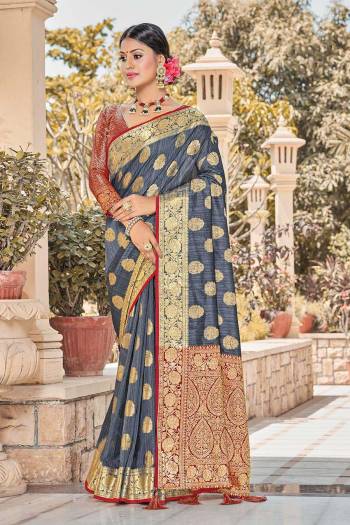 Celebrate This Festive Season In This Very Pretty Fancy Colored Designer Saree Paired With Contrasted Blouse. This Saree and Blouse Are Silk Based Beautified With Detailed Wevon Designer Work Saree. 