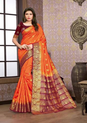 Grab This Pretty Elegant Looking Designer Saree In Dark Color Paired With Contrasting Colored Blouse. This Saree And Blouse Are Silk Based Beautified With Wevon Jari Designer Work. Buy Now.