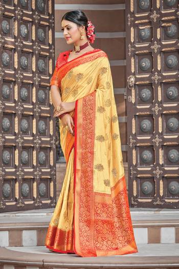 Celebrate This Festive Season In This Very Pretty Fancy Colored Designer Saree Paired With Contrasting Color Blouse. This Saree and Blouse Are Silk Based Beautified With Detailed Wevon Designer Jari Work Saree. 