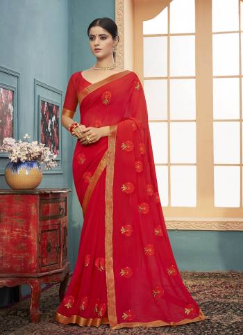 Garb This Pretty Angelic Look Wearing This Heavy Designer Embroidery With Diamond Work Saree In Tamato Color Paired With Matching Blouse. This Saree Is Fabricated On Georgette Paired With Georgette Fabricated Blouse. Its Pretty Color Pallete Will Give An Attractive Look To Your Personality. 