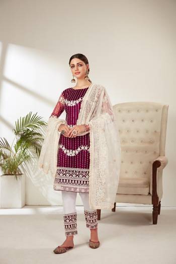 Attrective Look This Designer Long Length Suit In Lovely Color.?Its Pretty Heavy Designer Embroidred Top Is Butterfly Net Based Paired With Natural Crepe Bottom And Orgenza Fabricated Dupatta Which Gives An Attractive To The Suit.