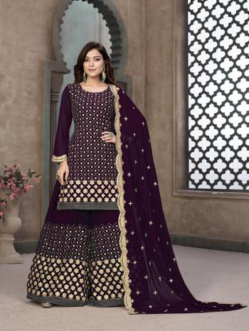 Attrective Look Pretty This Designer Long Length Suit In Wine Color.?Its Pretty Heavy Designer Embroidred Work Top Is Faux Georgette Based Paired With Faux Georgette Bottom And Faux Georgette Fabricated Dupatta Which Gives An Attractive To The Suit.