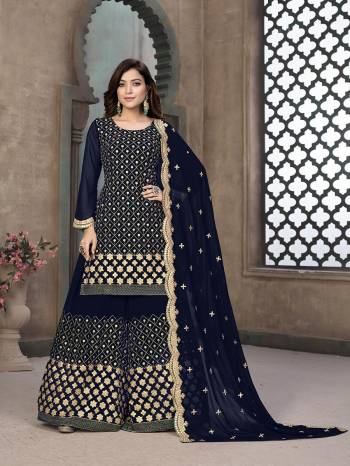 Attrective Look Pretty This Designer Long Length Suit In Nevy Blue Color.?Its Pretty Heavy Designer Embroidred Work Top Is Faux Georgette Based Paired With Faux Georgette Bottom And Faux Georgette Fabricated Dupatta Which Gives An Attractive To The Suit.