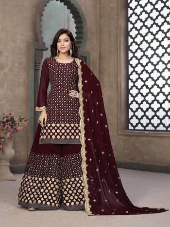 Attrective Look Pretty This Designer Long Length Suit In Maroon Color.?Its Pretty Heavy Designer Embroidred Work Top Is Faux Georgette Based Paired With Faux Georgette Bottom And Faux Georgette Fabricated Dupatta Which Gives An Attractive To The Suit.