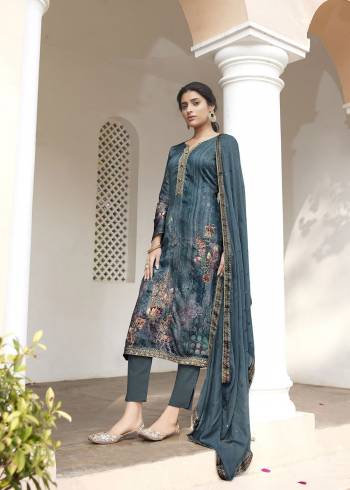 Garb This Designer Long Length Suit In Fine Color.?Its Pretty Heavy Designer Digital Printed With Embroidery And Hand Work Top Is Jam Satin Based Paired With Cotton Bottom And Chiffon Fabricated Dupatta Which Gives An Attractive To The Suit.