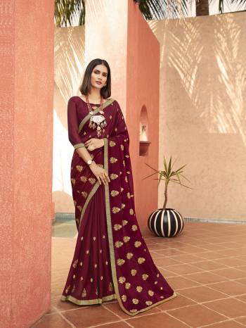 Garb This Pretty Angelic Look Wearing This Heavy Designer Jari Embroidery Work Saree In Maroon Color Paired With Matching Blouse. This Saree Is Fabricated On Chiffon Paired With Chiffon Fabricated Blouse. Its Pretty Color Pallete Will Give An Attractive Look To Your Personality. 