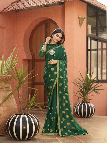 Garb This Pretty Angelic Look Wearing This Heavy Designer Jari Embroidery Work Saree In Green Color Paired With Matching Blouse. This Saree Is Fabricated On Chiffon Paired With Chiffon Fabricated Blouse. Its Pretty Color Pallete Will Give An Attractive Look To Your Personality. 