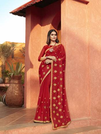 Garb This Pretty Angelic Look Wearing This Heavy Designer Jari Embroidery Work Saree In Red Color Paired With Matching Blouse. This Saree Is Fabricated On Chiffon Paired With Chiffon Fabricated Blouse. Its Pretty Color Pallete Will Give An Attractive Look To Your Personality. 