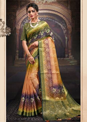 Look Traditional Ethnic Wear Saree Are Fine Saree Paired With Matching Blouse.This Heavy Designer Wevon Work With Bandhej Digital Printed Saree And Blouse Are Chanderi Fabric. Which Gives A Rich Look To Your Personality. Buy This Pretty Saree Now.