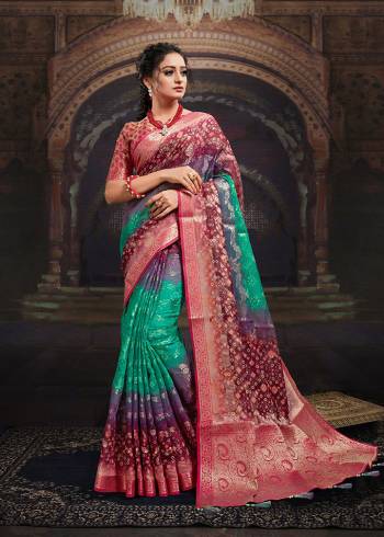 Look Traditional Ethnic Wear Saree Are Fine Saree Paired With Matching Blouse.This Heavy Designer Wevon Work With Bandhej Digital Printed Saree And Blouse Are Chanderi Fabric. Which Gives A Rich Look To Your Personality. Buy This Pretty Saree Now.