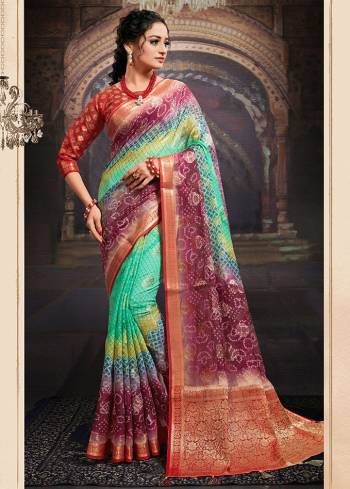 Look Traditional Ethnic Wear Saree Are Fine Saree Paired With Matching Blouse.This Heavy Designer Wevon Work With Bandhej Digital Printed Saree And Blouse Are Chanderi Fabric. Which Gives A Rich Look To Your Personality. Buy This Pretty Saree Now.