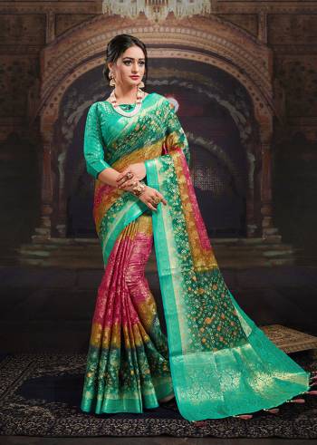 Look Traditional Ethnic Wear Saree Are Fine Saree Paired With Matching Blouse.This Heavy Designer Wevon Work With Bandhej Digital Printed Saree And Blouse Are Chanderi Fabric. Which Gives A Rich Look To Your Personality. Buy This Pretty Saree Now.