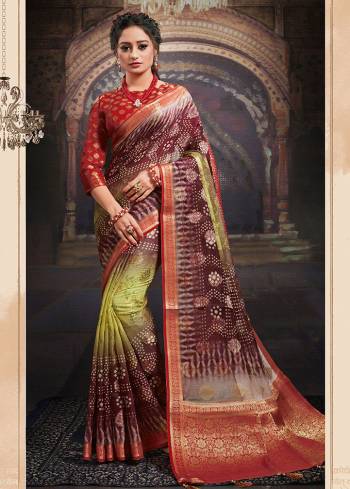 Look Traditional Ethnic Wear Saree Are Fine Saree Paired With Matching Blouse.This Heavy Designer Wevon Work With Bandhej Digital Printed Saree And Blouse Are Chanderi Fabric. Which Gives A Rich Look To Your Personality. Buy This Pretty Saree Now.