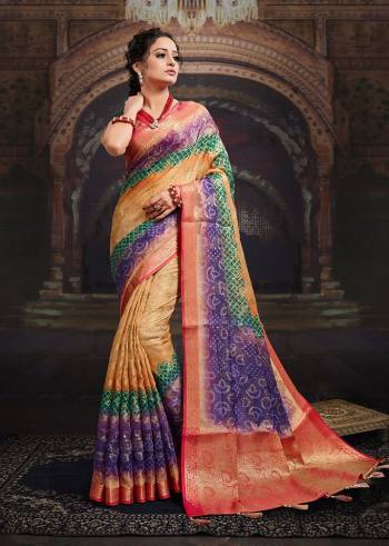 Look Traditional Ethnic Wear Saree Are Fine Saree Paired With Matching Blouse.This Heavy Designer Wevon Work With Bandhej Digital Printed Saree And Blouse Are Chanderi Fabric. Which Gives A Rich Look To Your Personality. Buy This Pretty Saree Now.