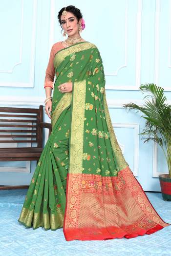 Celebrate This Festive Season In This Very Pretty Wevon Designer Saree Paired With Contrasting Blouse. This Saree Are Banarasi Silk and Blouse Are Broket Silk Based Beautified With Detailed Wevon Designer Saree. 