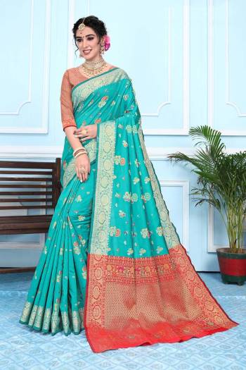 Celebrate This Festive Season In This Very Pretty Wevon Designer Saree Paired With Contrasting Blouse. This Saree Are Banarasi Silk and Blouse Are Broket Silk Based Beautified With Detailed Wevon Designer Saree. 