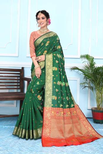 Celebrate This Festive Season In This Very Pretty Wevon Designer Saree Paired With Contrasting Blouse. This Saree Are Banarasi Silk and Blouse Are Broket Silk Based Beautified With Detailed Wevon Designer Saree. 