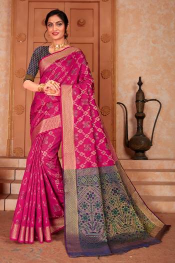 Celebrate This Festive Season In This Very Pretty Wevon Designer Saree Paired With Contrasting Blouse. This Saree Are Patola Silk and Blouse Are Broket Silk Based Beautified With Detailed Wevon Designer Saree. 