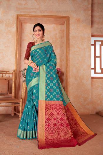 Celebrate This Festive Season In This Very Pretty Wevon Designer Saree Paired With Contrasting Blouse. This Saree Are Patola Silk and Blouse Are Broket Silk Based Beautified With Detailed Wevon Designer Saree. 