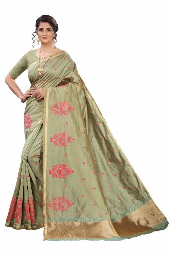 Garb This Celebrate And Festive Season In This Very Pretty Fancy Colored Designer Saree Paired With Blouse. This Saree and Blouse Are Soft Silk Based Beautified With Detailed Wevon Jari Pallu And Deasigner Embroidery Work. 