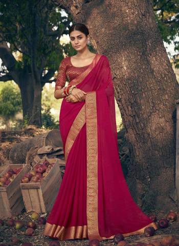 Adorn The Pretty Angelic Look Wearing This Heavy Jacquard Border And Blouse Designer Saree In Fine Color Paired With Matching Blouse. This Saree Is Fabricated On Chiffon Paired With Broket Fabricated Blouse. Its Pretty Color Pallete Will Give An Attractive Look To Your Personality. 