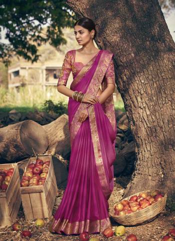 Adorn The Pretty Angelic Look Wearing This Heavy Jacquard Border And Blouse Designer Saree In Fine Color Paired With Matching Blouse. This Saree Is Fabricated On Chiffon Paired With Broket Fabricated Blouse. Its Pretty Color Pallete Will Give An Attractive Look To Your Personality. 