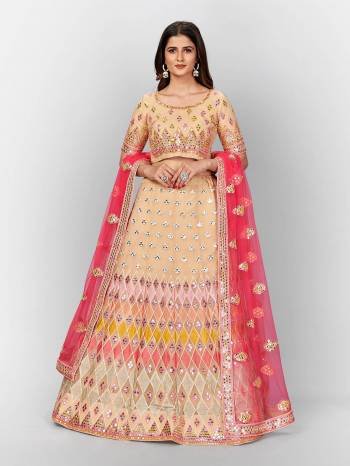 Attrective Look  Heavy Designer Bridal Lehenga Choli In Fine Color. This Heavy Embroidered Lehenga Choli Is  Organza Based Paired With Soft Net Fabricated Dupatta, It Is Beautified With Lovely Detailed Multy Thread Foil Miror Embroidery Work Giving An Attractive Look.