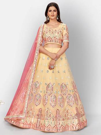 Attrective Look  Heavy Designer Bridal Lehenga Choli In Fine Color. This Heavy Embroidered Lehenga Choli Is  Organza Based Paired With Soft Net Fabricated Dupatta, It Is Beautified With Lovely Detailed Multy Thread Foil Miror Embroidery Work Giving An Attractive Look.