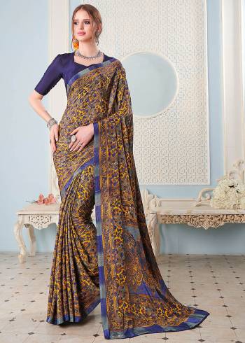 Look Attractive Wearing This Partywear Saree Are Fine Saree Paired With Blouse.  This Heavy Designer Prined Saree Is Crepe Based And Blouse Are Crepe Fabric. Which Gives A Rich Look To Your Personality. Buy This Pretty Saree Now.