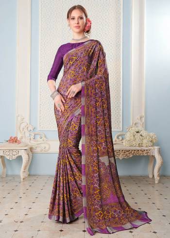 Look Attractive Wearing This Partywear Saree Are Fine Saree Paired With Blouse.  This Heavy Designer Prined Saree Is Crepe Based And Blouse Are Crepe Fabric. Which Gives A Rich Look To Your Personality. Buy This Pretty Saree Now.