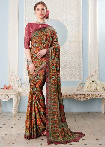 Look Attractive Wearing This Partywear Saree Are Fine Saree Paired With Blouse.  This Heavy Designer Prined Saree Is Crepe Based And Blouse Are Crepe Fabric. Which Gives A Rich Look To Your Personality. Buy This Pretty Saree Now.