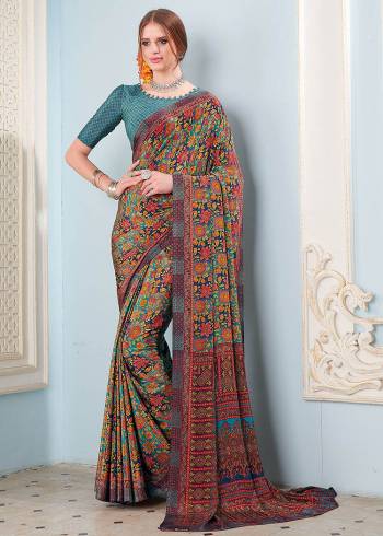 Look Attractive Wearing This Partywear Saree Are Fine Saree Paired With Blouse.  This Heavy Designer Prined Saree Is Crepe Based And Blouse Are Crepe Fabric. Which Gives A Rich Look To Your Personality. Buy This Pretty Saree Now.