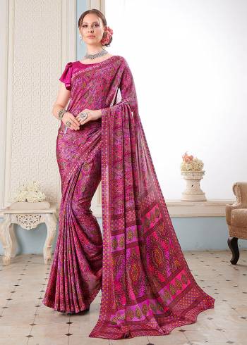 Attractive Look Wearing This Partywear Saree Are Fine Saree Paired With Blouse.  This Heavy Designer Prined Saree Is Crepe Based And Blouse Are Crepe Fabric. Which Gives A Rich Look To Your Personality. Buy This Pretty Saree Now.