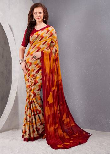 Garb This Party Wear Saree Are Fine Saree Paired With Matching Blouse.This Heavy Designer Printed Saree Is Crepe Silk Based And Blouse Are Crepe Silk Fabric. Which Gives A Rich Look To Your Personality. Buy This Pretty Saree Now.